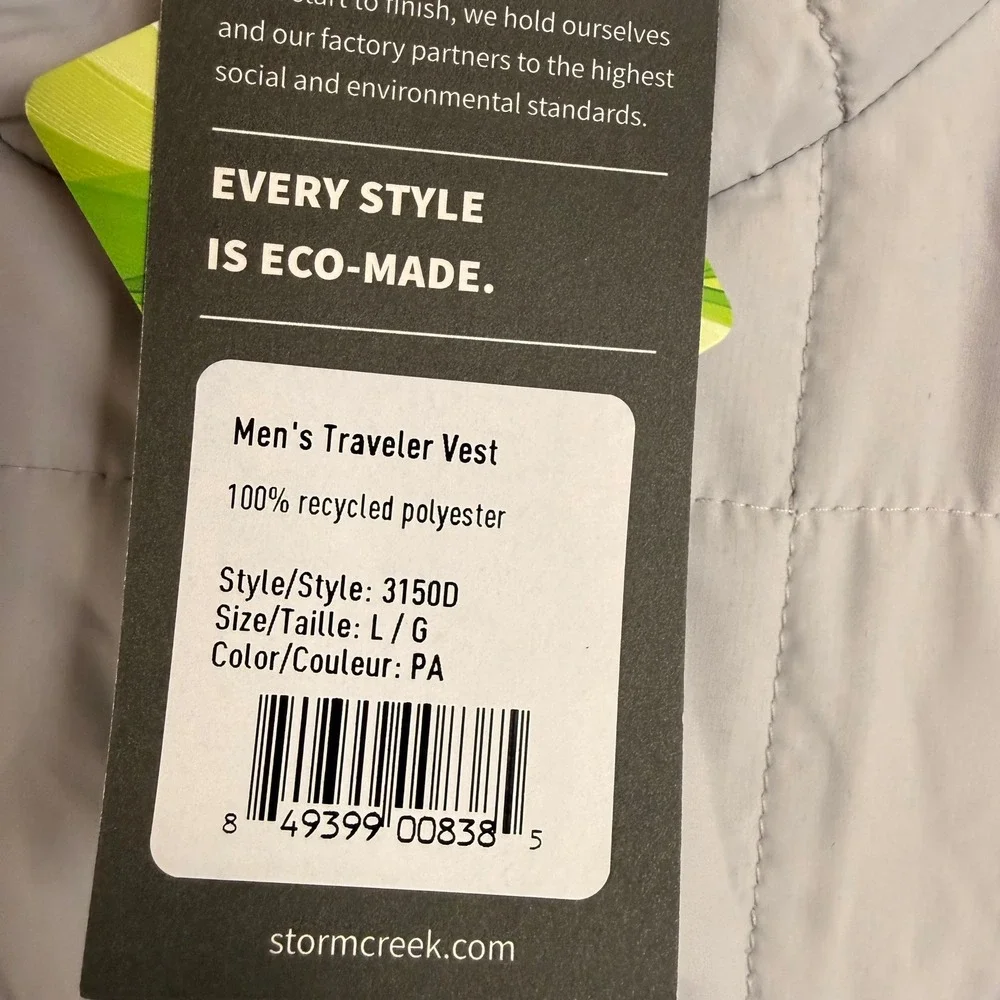 NWT Storm Creek Traveler Vest Mens L Grey Incyte Logo Packable Quilted Gorpcore